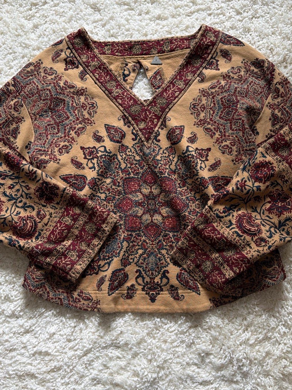 Free People Paisley Medallion V-Neck Sweatshirt in Tan and Burgundy